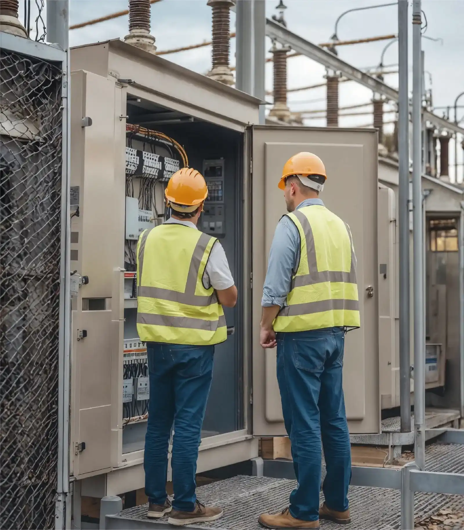 Engineers checking industrial electrical cabinet with safety gear